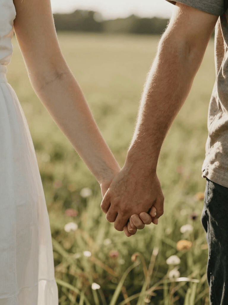 A light and airy portrait of a couple holding hands in a sun-drenched meadow in North American / US (West Michigan). Sophisticated and approachable style with soft focus and warm earth tones.