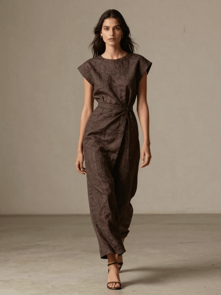 An elegant haute couture portrait of a model wearing a structured dark mocha linen dress, walking through a serene Brazilian archival gallery. Soft dramatic side lighting, generous negative space, sophisticated magazine style, soft cream and warm alabaster ambient colors.