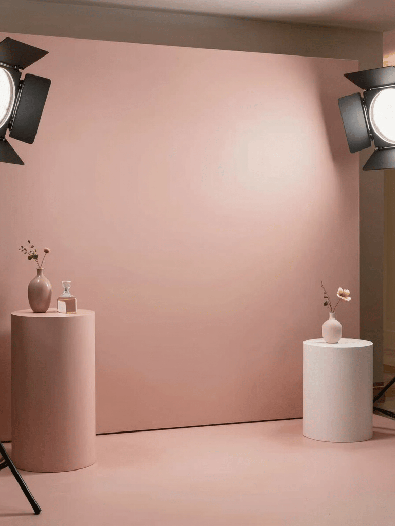 An elegant event photobooth setup with a customized backdrop in dusty rose, featuring stylish props and high-end professional lighting in a festive Middle Eastern / Gulf celebration.