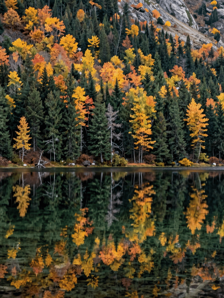 A crisp, still reflection of autumn forest foliage on a clear mountain lake, North American wilderness setting, high-resolution landscape photography with natural lighting.
