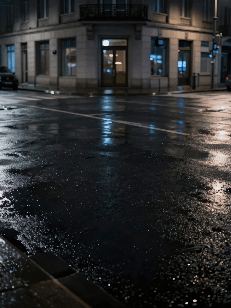 A sharp, clean street photography shot of an empty wet urban intersection at night, reflecting dim city lights, deep charcoal and cool blue color story, cinematic and elegant.
