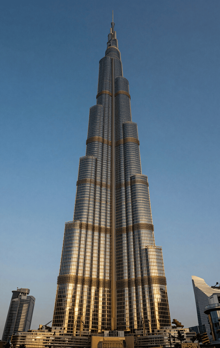 Low-angle premium architectural photography of the Burj Khalifa during golden hour twilight, deep navy and gold tones, sharp focus, 35mm lens
