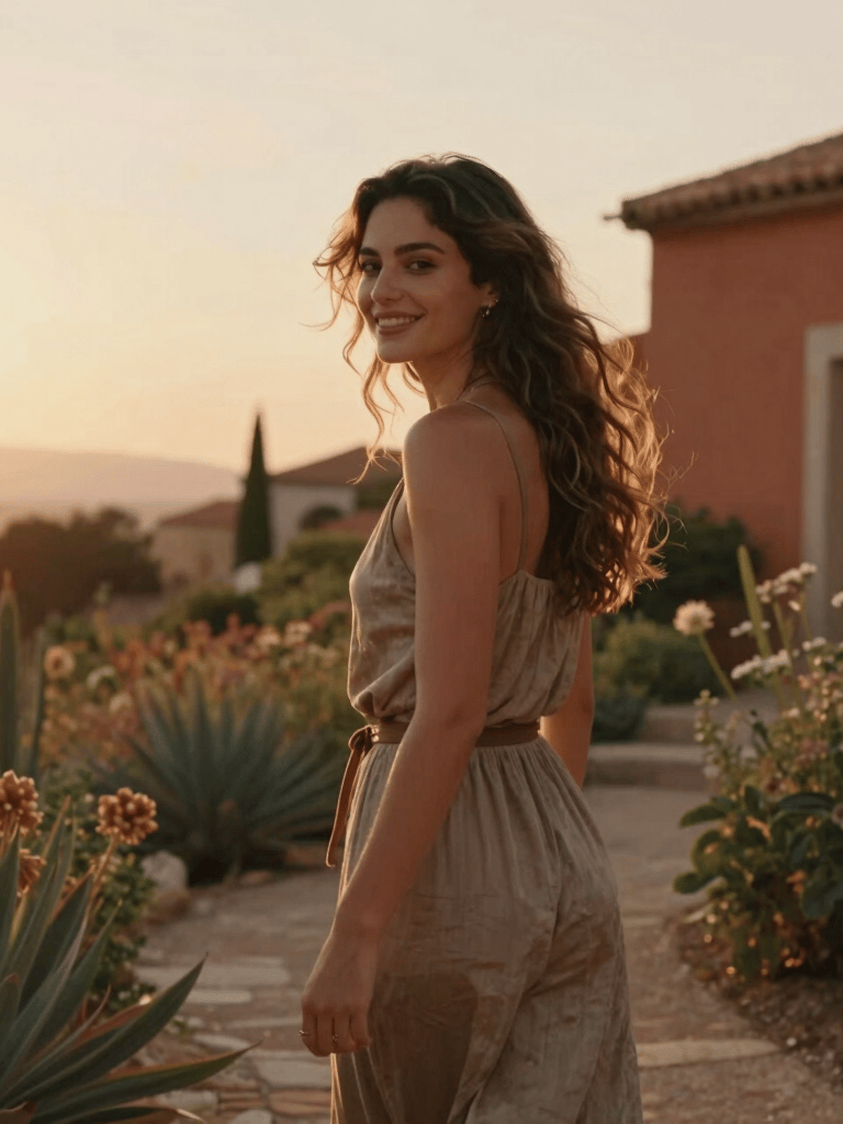 A cinematic portrait of a woman smiling as she looks over her shoulder, walking through a wild Mediterranean garden at sunset. The warm light paints her hair with golden highlights. Warm terracotta and soft cream background.