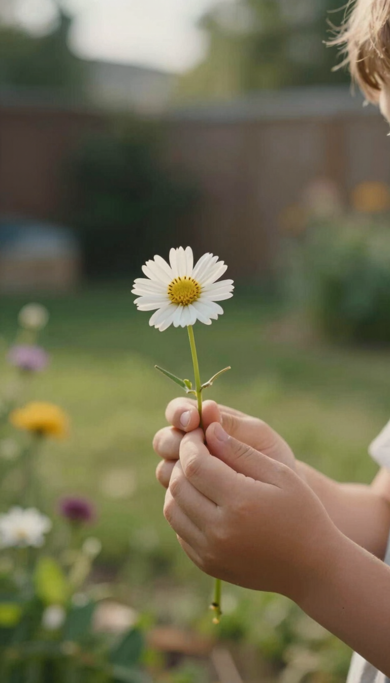 Detailed close-up of a child's hands holding a wildflower in a US backyard garden, warm sun-drenched environment, cinematic depth of field, authentic feel.