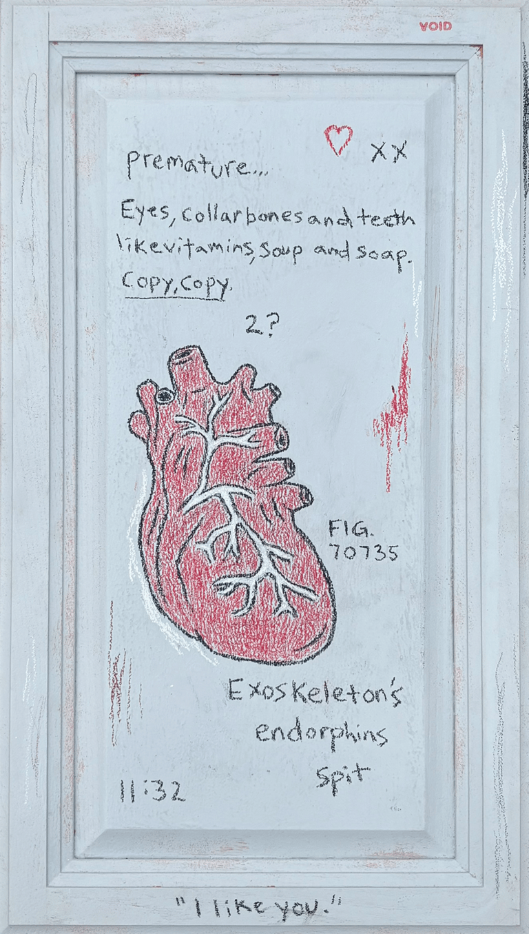 rough anatomical painting on a cabinet door of the human heart vulnerable text and computer code