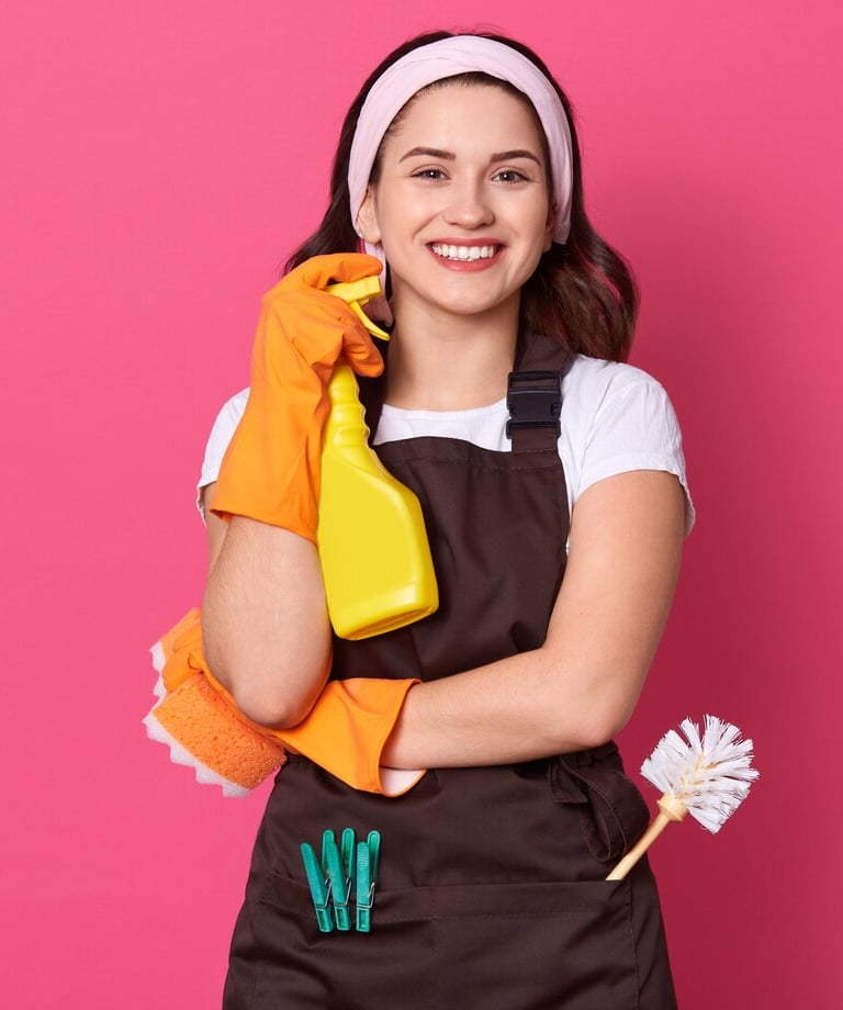 a woman in a black apron and gloves holding a cleaning sponge for house cleaning