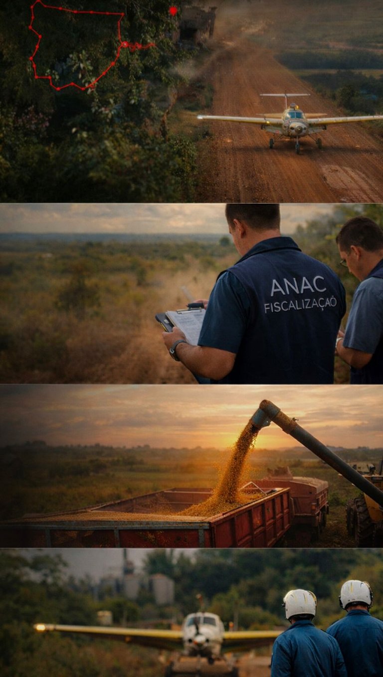Fiscalização de aeródromo com aeronave em pista rural, equipe da ANAC operação do agronegócio em MT