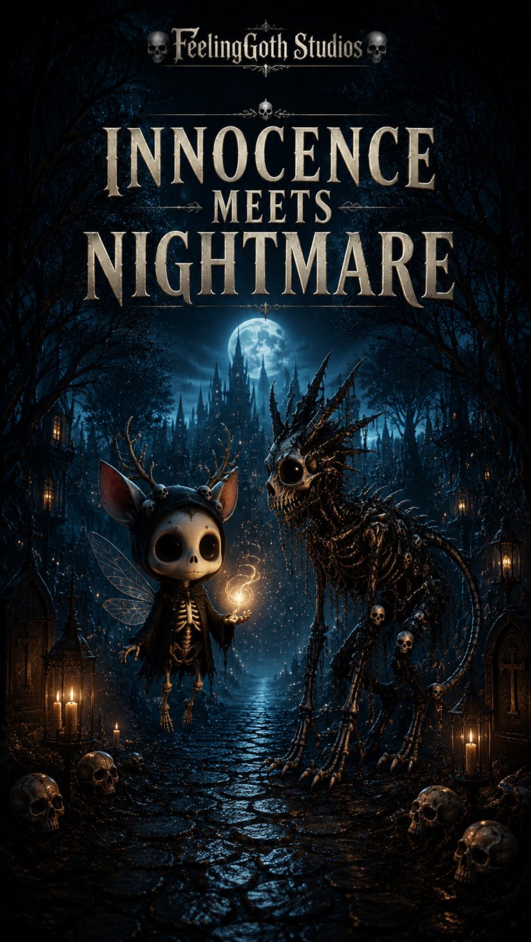 Gothic fantasy poster featuring a cute skull fairy and skeletal monster in a dark moonlit forest.