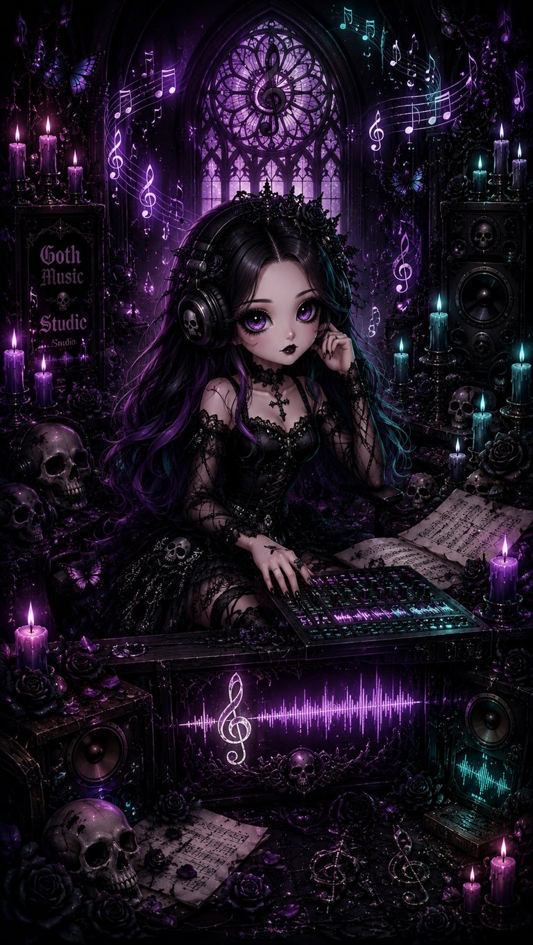 Gothic anime girl with headphones producing music in a dark studio with skulls and purple candles.