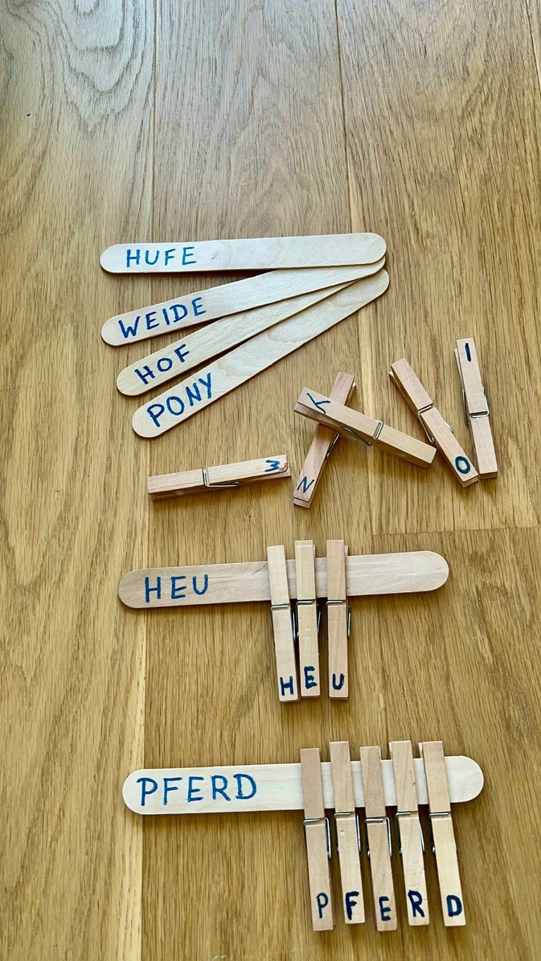 Educational word matching activity using wooden craft sticks and clothespins on a wood floor.