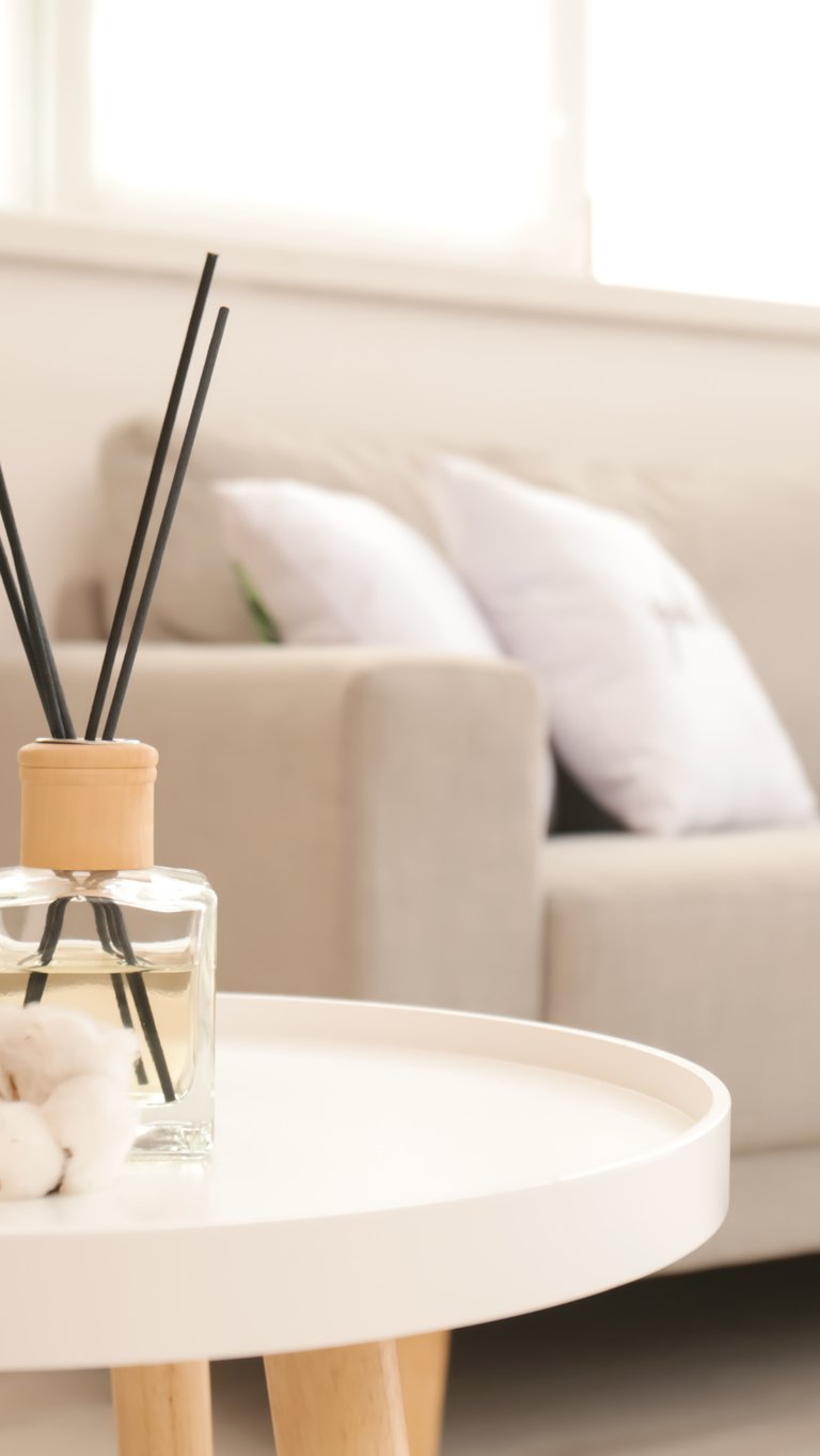 a table with a glass vase and a candle on it