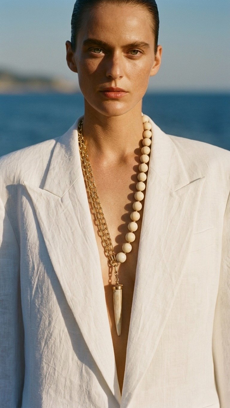 A woman wearing a white linen blazer and a luxury gold chain necklace with beads and a horn pendant.