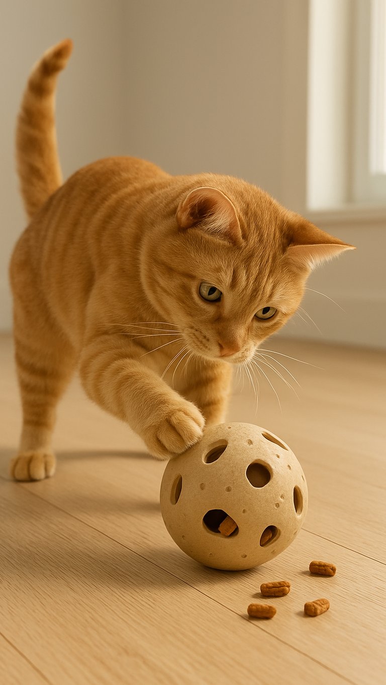 Indoor cat playing with a puzzle feeder.