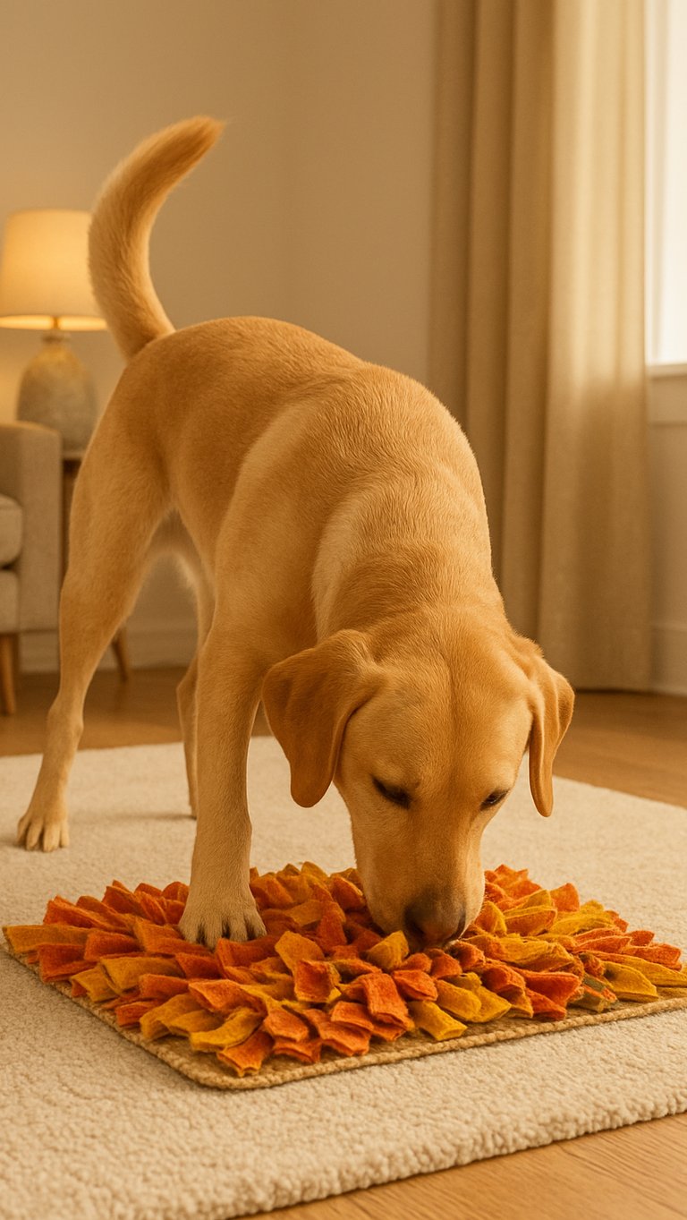 Dog using a snuffle mat for indoor enrichment.