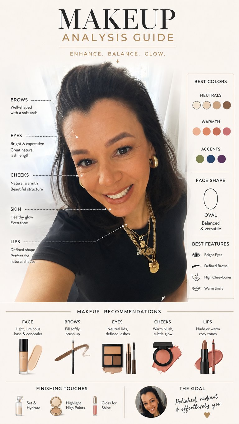 Elegant beauty over 40 infographic featuring face shape analysis, oily skincare routine tips, flatte