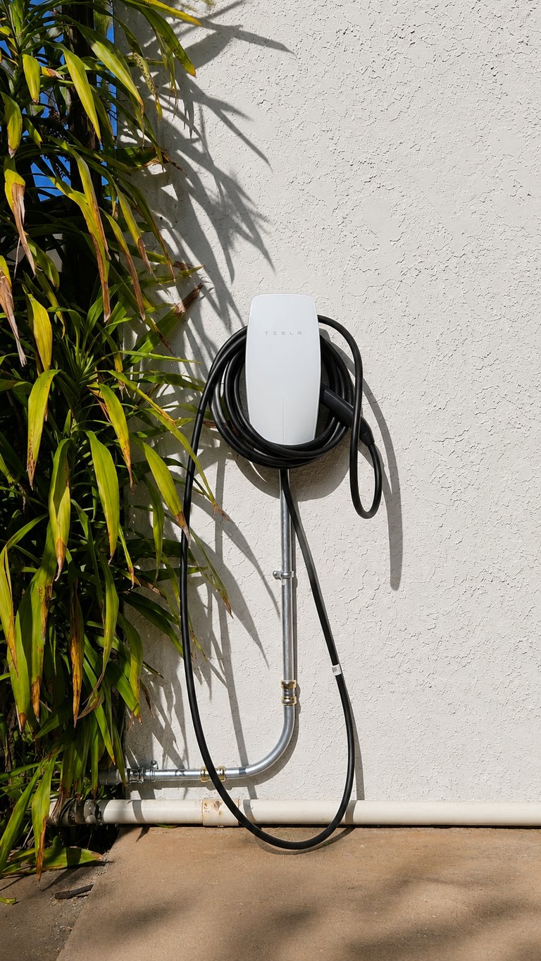 Tesla Wall Connector Level 2 residential EV charger installed on an exterior wall
