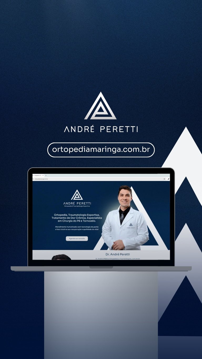 Fundo azul com logotipo triangular André Peretti, site ortopediamaringa.com.br.
