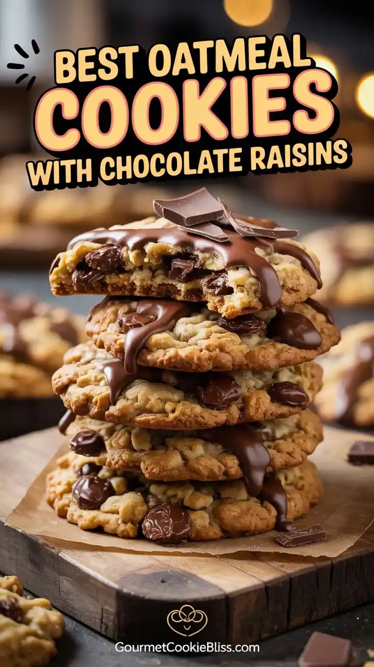 Stack of chewy oatmeal cookies bursting with chocolate-covered raisins, with chocolate shavings.