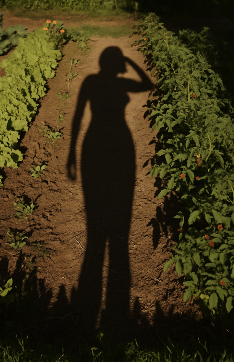 Ombre de femme sur un potager pour la journée mondiale du jardinage nu