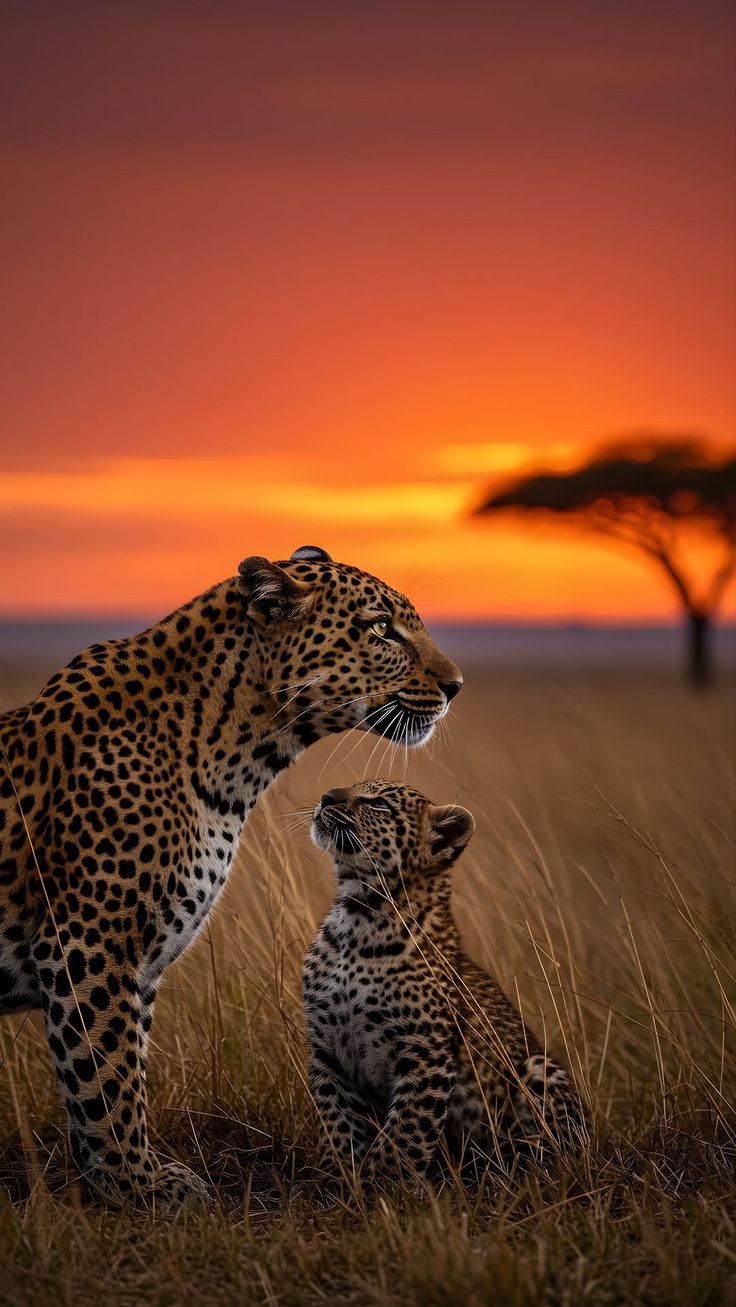 A mother leopard and her cub in the African savanna during a vibrant orange sunset.