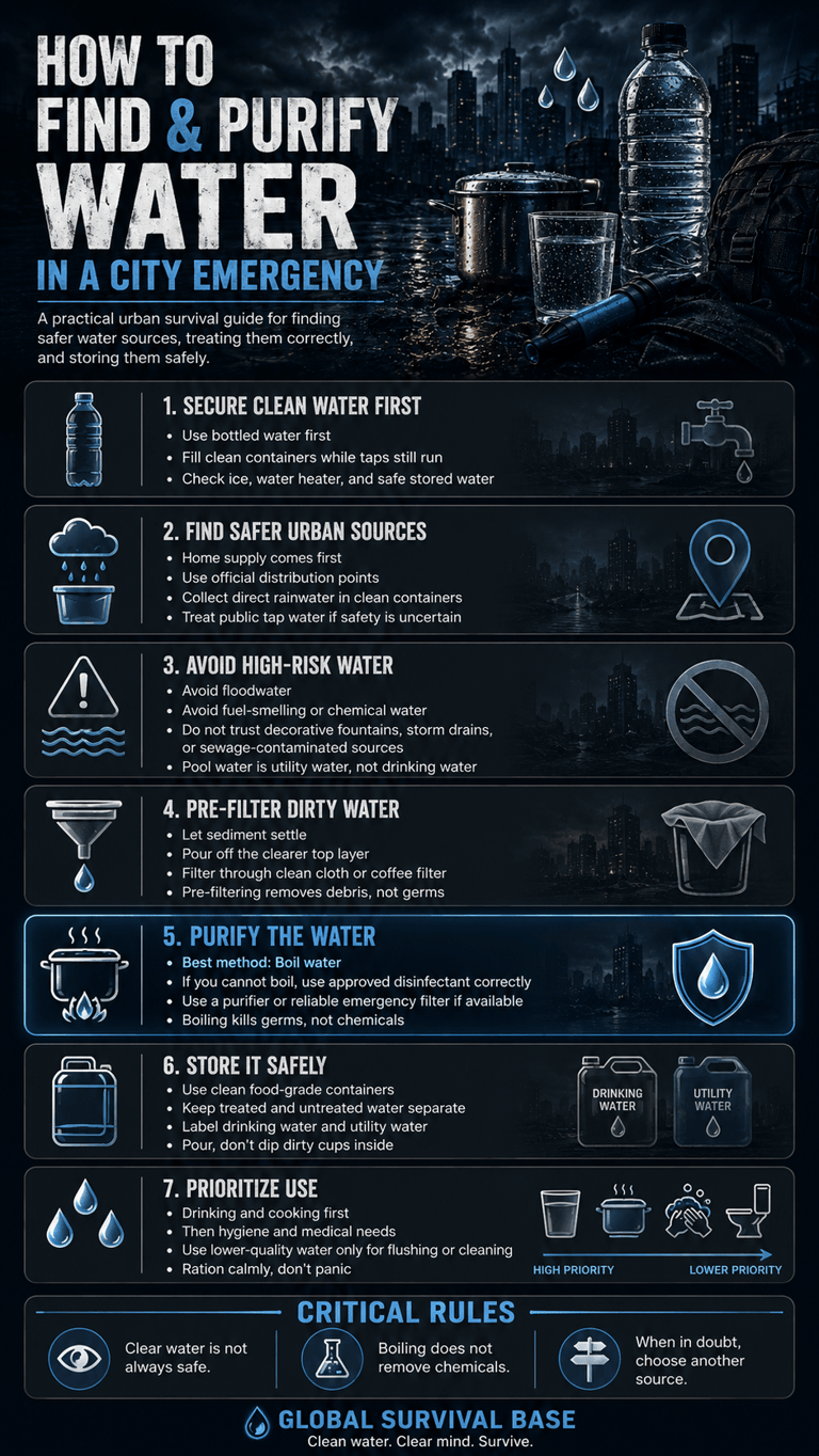 Survival infographic explaining how to find and purify water during a city emergency with 7 actionable steps.