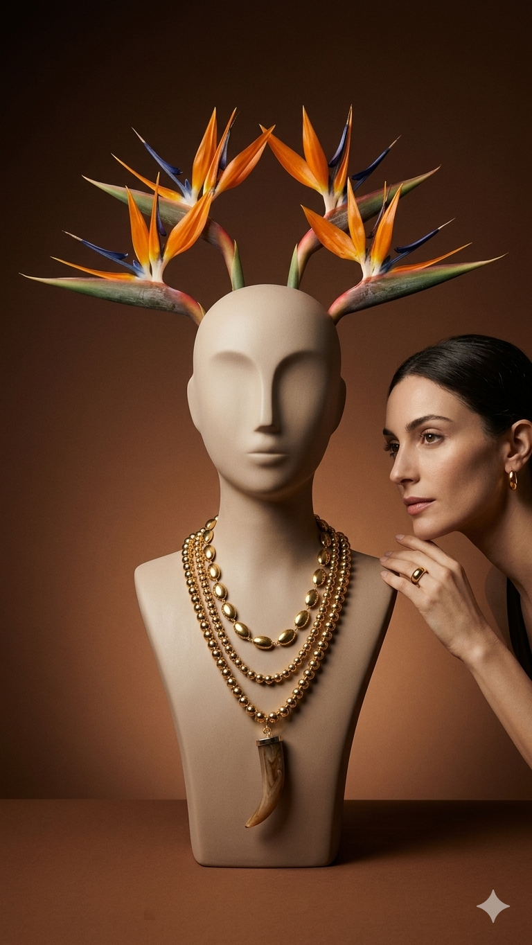 Elegant mannequin wearing a gold beaded necklace and bird of paradise flower headpiece.