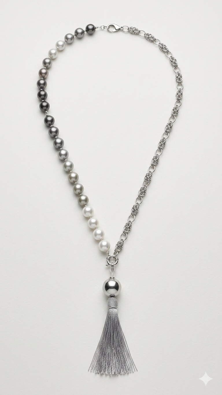 Elegant pearl and silver chain necklace featuring a gradient of grey pearls and a decorative silk tassel pendant.