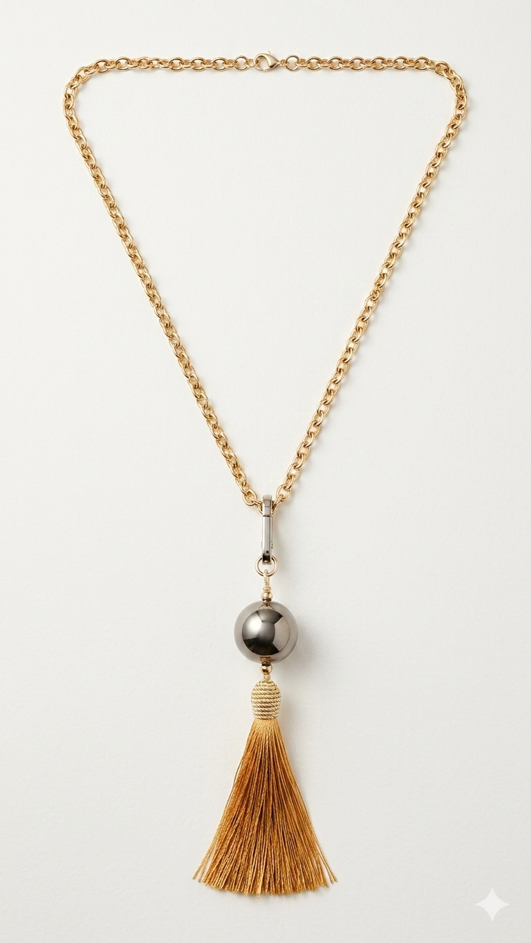 Elegant gold chain necklace featuring a grey metallic bead and a long yellow silk tassel pendant.