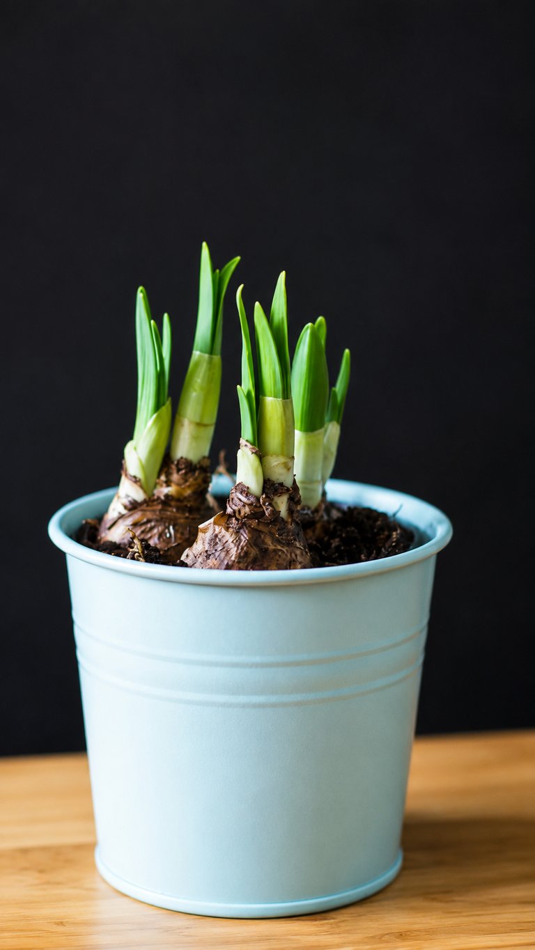 Young flower bulbs sprouting fresh green shoots in a light blue container filled with potting soil.
