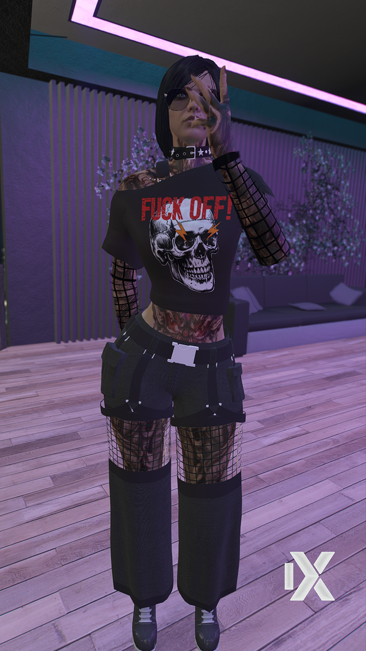 a woman in a black shirt and black pants