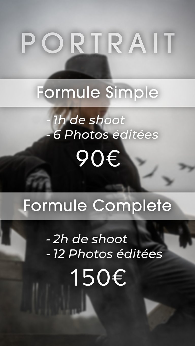 Formules Portrait à 90€ pour 6 photos et 150€ pour 12 photos.