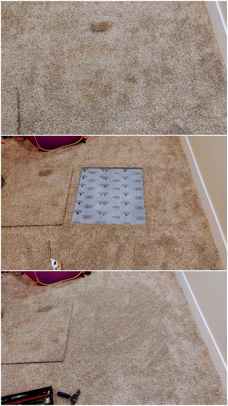 Large oil stain being removed and replaced with new carpet to look great in Herriman, UT.