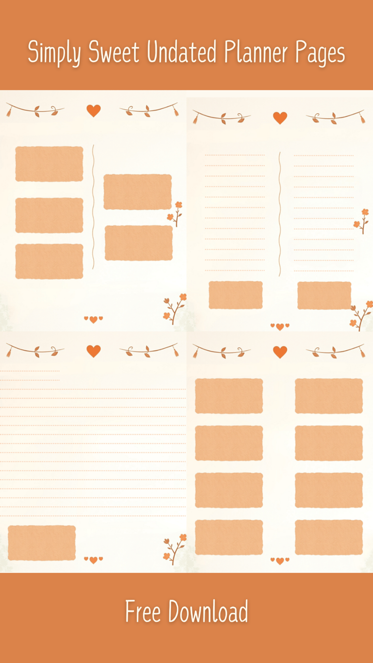 Sample planner pages in muted browns and oranges. 