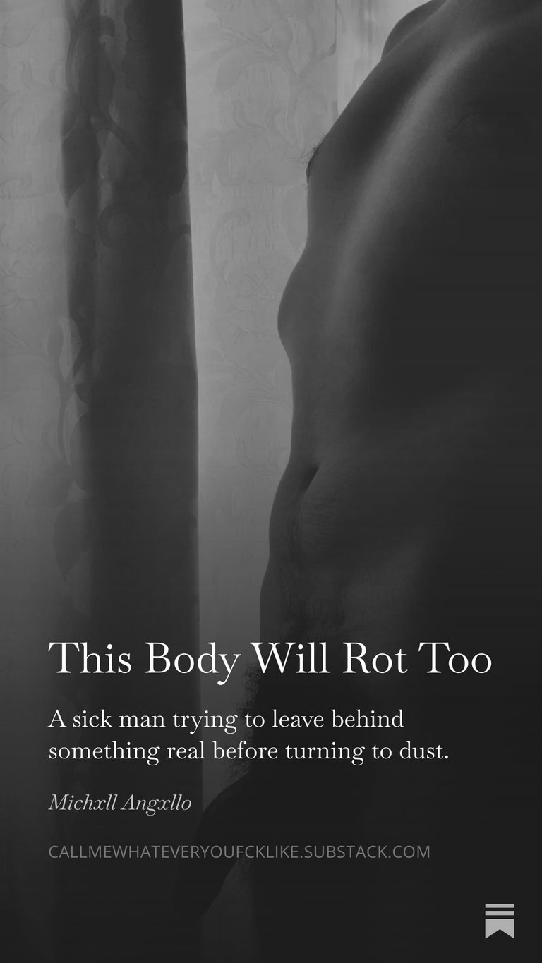 Male torso in profile in black and white with melancholic text.
