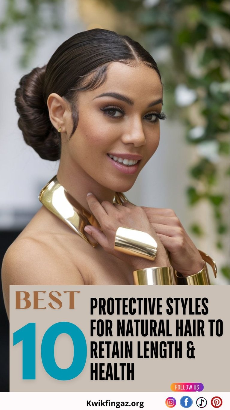 A woman wearing a sleek flat twist updo, accessorized with gold cuffs, smiling confidently at the camera.