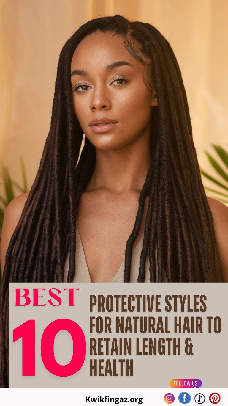 A photo of a Black woman with long, waist-length faux locs. The locs are styled with a realistic, natural texture and are met