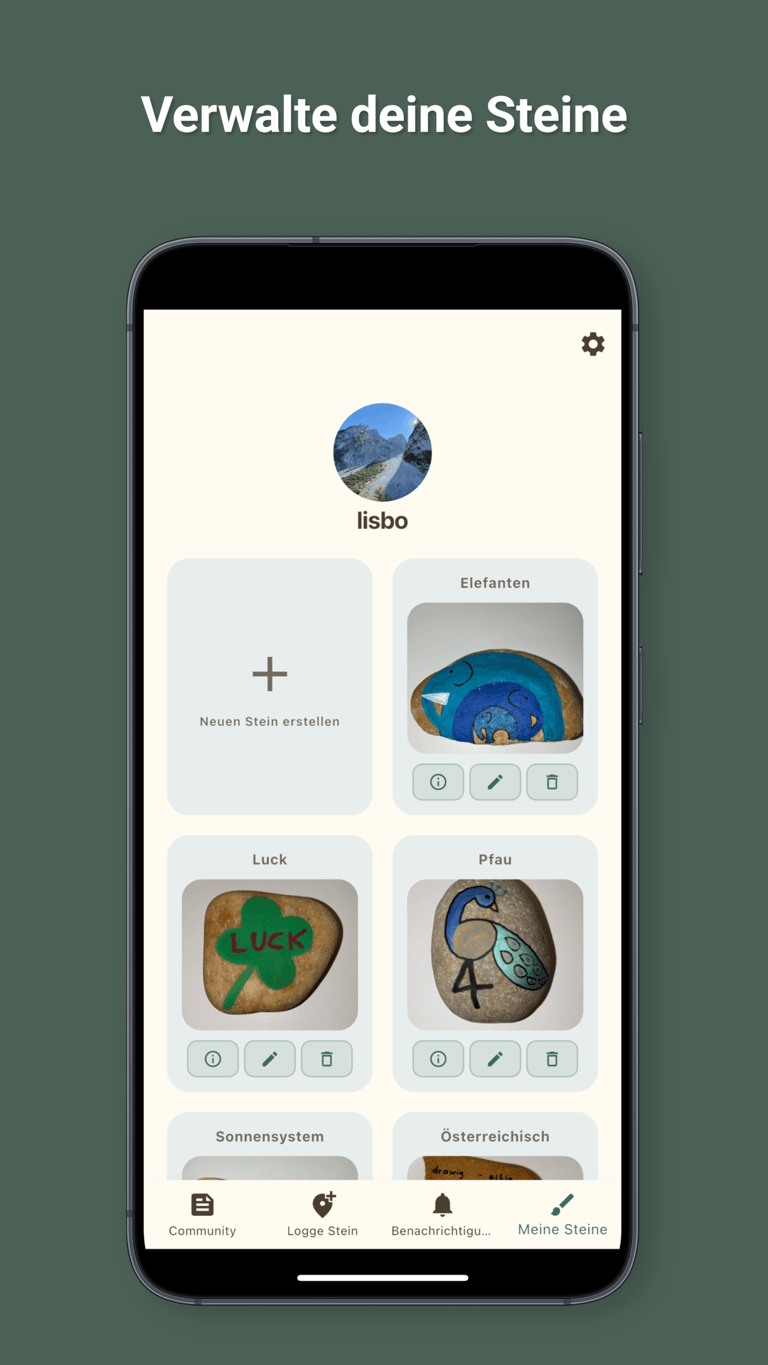 Screenshot der Steinübersichts-Seite