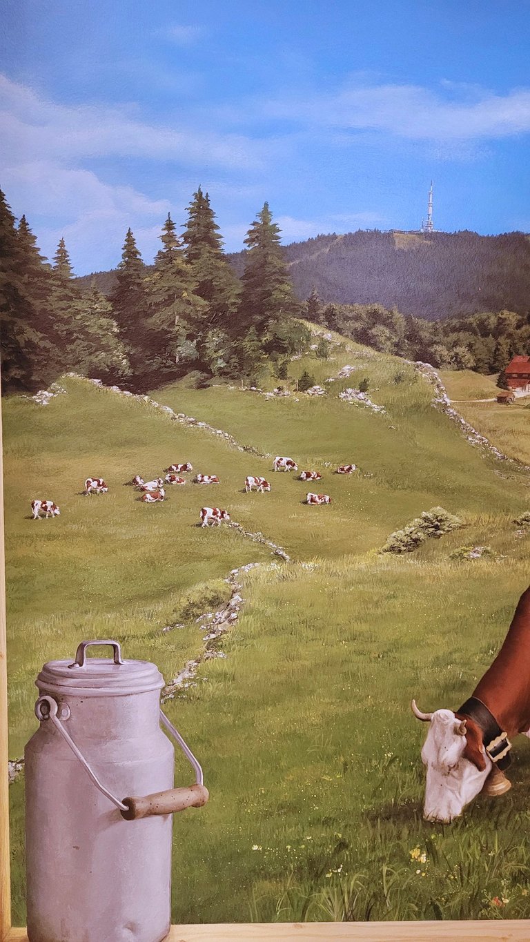 Paysage de montagnes jurassiennes, réaliste en peinture. Paturage de vaches. Lelex