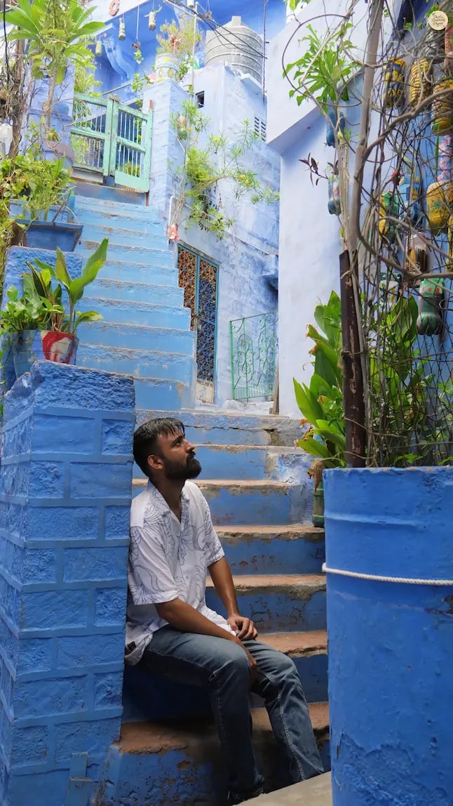 Blue painted narrow lane in Jodhpur’s old city, showcasing the iconic charm of Rajasthan’s Blue City