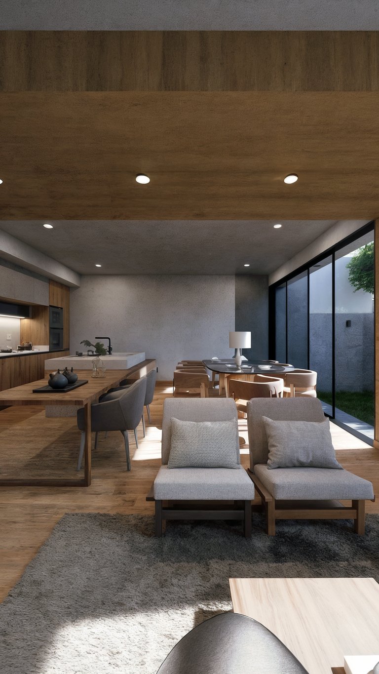 Modern open concept living space featuring a wood kitchen island and contemporary dining table.