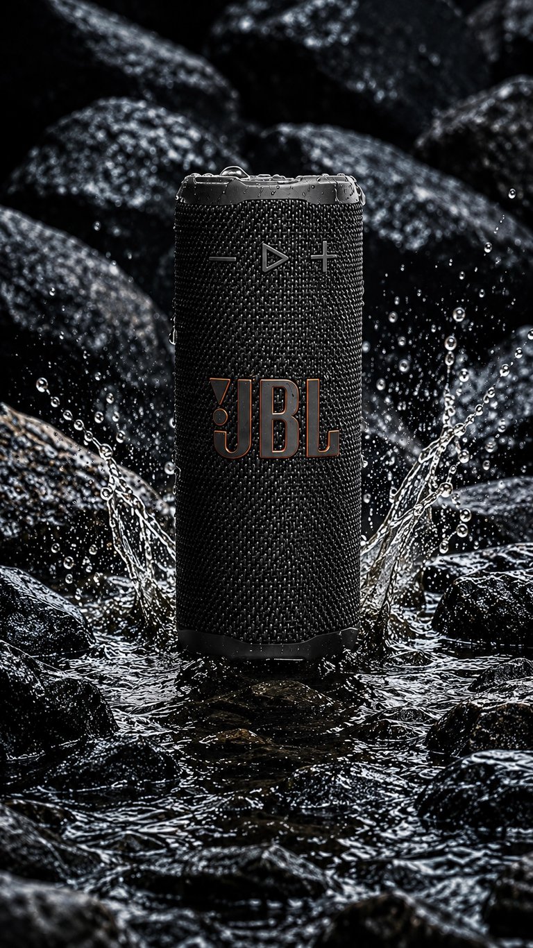 Enceinte JBL étanche noire avec gouttes d’eau, photo produit HDR ultra détaillée sur rochers mouillés.