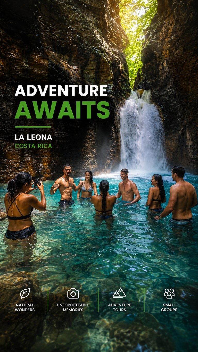 A small group on an adventure tour swimming in a tropical waterfall pool at La Leona, Costa Rica.