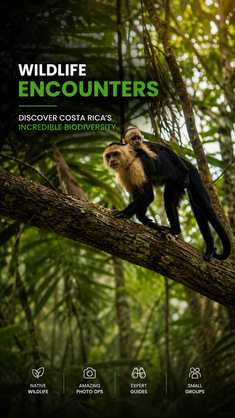 White-faced capuchin monkey carrying a baby on its back through the Costa Rica rainforest canopy.