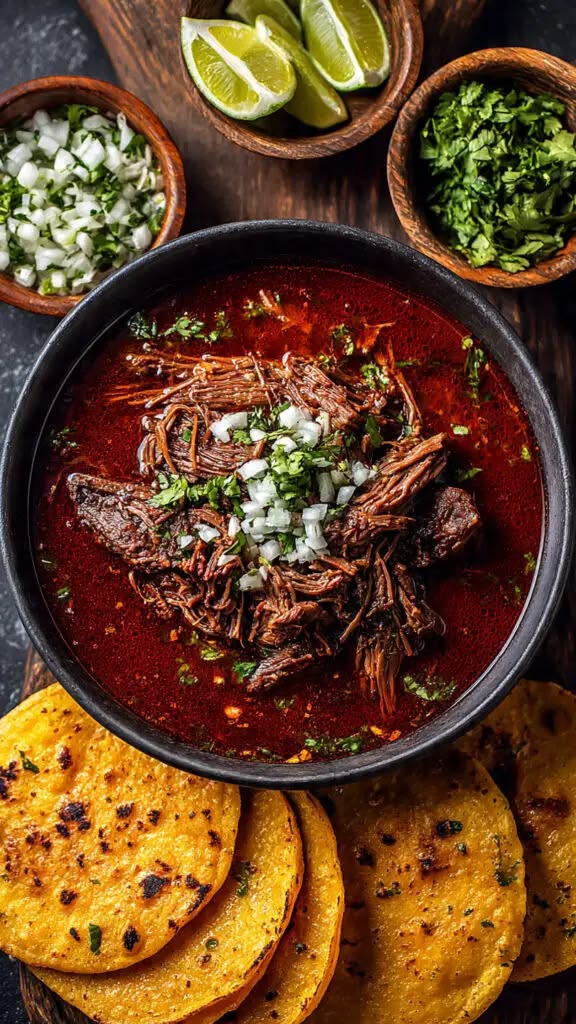 A bowl of Mexican birria de res stew with shredded beef, onion, cilantro, and corn tortillas.