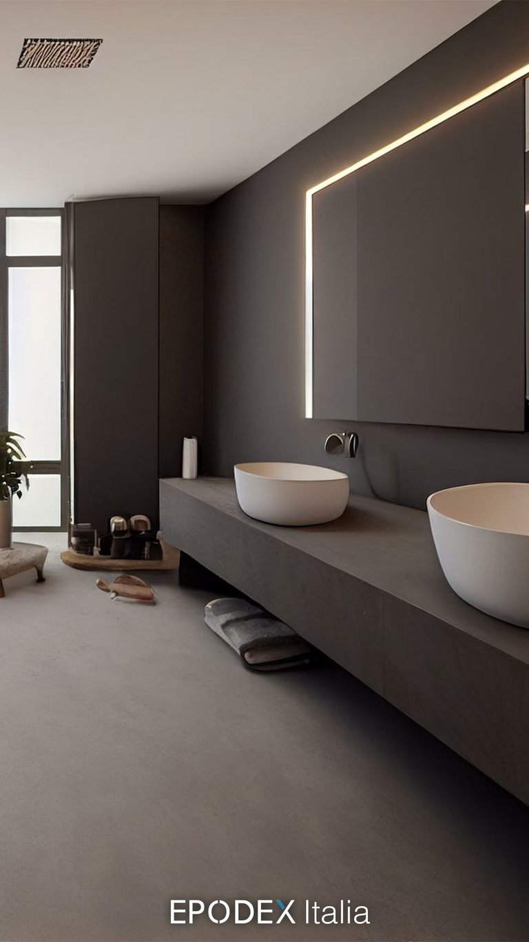 A modern, minimalist bathroom finished in grey microcement, featuring a vanity unit.