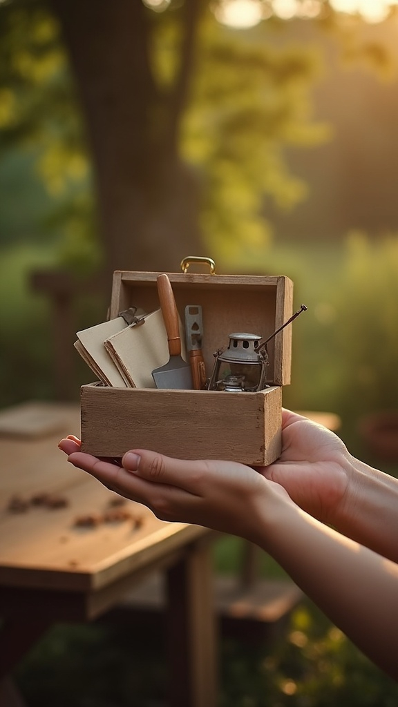 Caixa de madeira com ferramentas de trabalho sendo entregue em mãos para os Servidores
