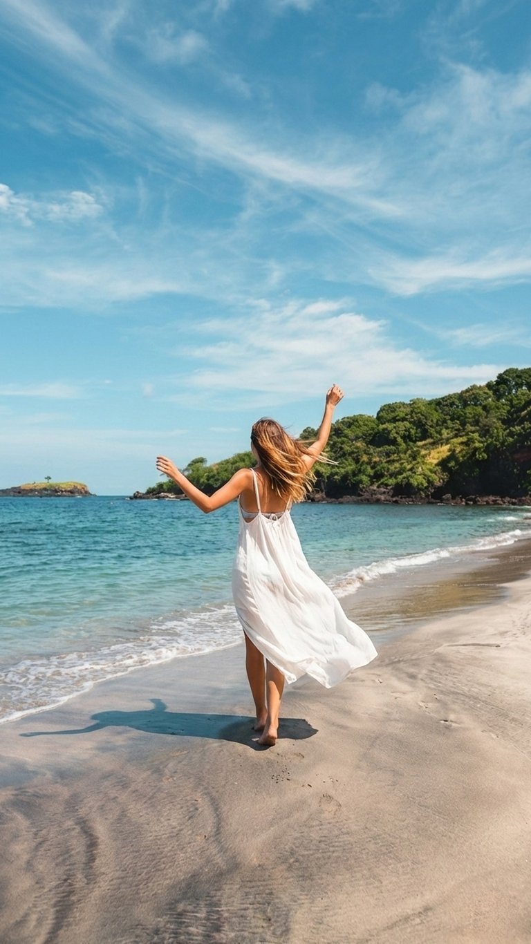 A woman in a flowing white dress stands barefoot on the sandy shore of Virgin Beach, Karangasem, Bali, facing the turquoise s