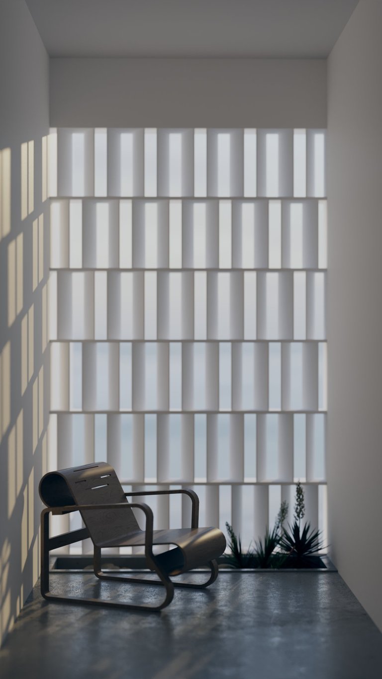 Sunlit reading nook with a sculptural black lounge chair and textured privacy screen