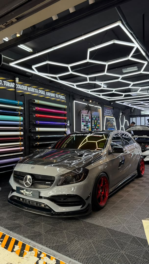 Mercedes A-Class AMG wrapped in satin silver with red rim accents