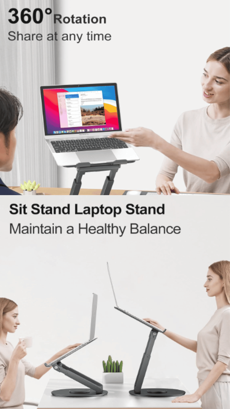 Ergonomic 360 rotation sit stand laptop stand for desk used by people in office settings.